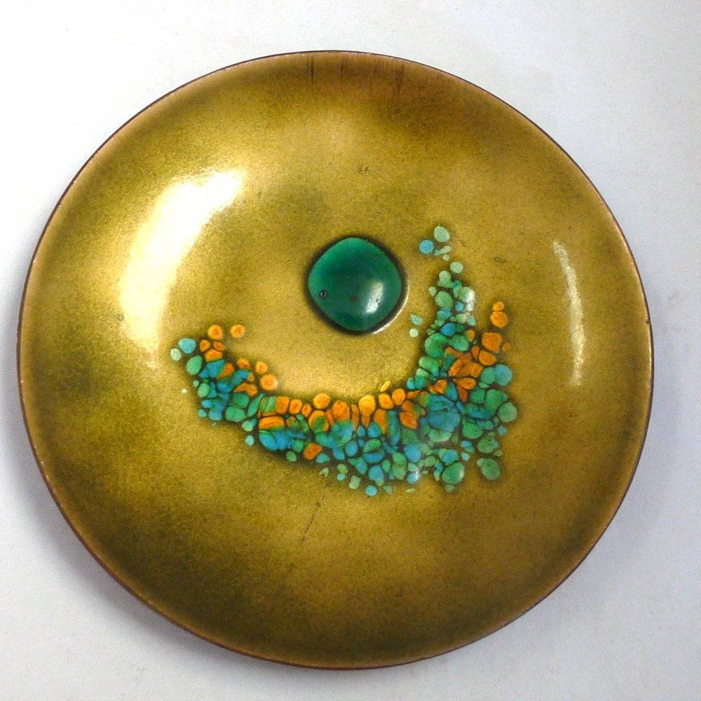Vintage Bovano copper enamel plate mid century Cheshire CT gold turquoise